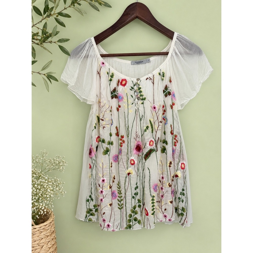 Tendenze Shirt Women L Floral Embroidered White Silky Cottage Ethereal Fairy